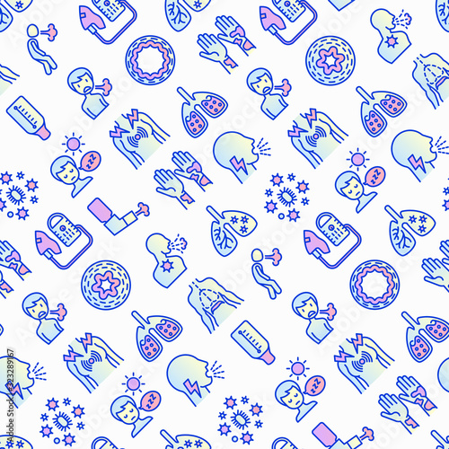 Asthma seamless pattern with thin line icons: allergen, dyspnea, cough, wheezing, chest pain, diaphragm, asthma attack, hives, sputum, peak flow meter, inhaler, nebulizer. Modern vector illustration.
