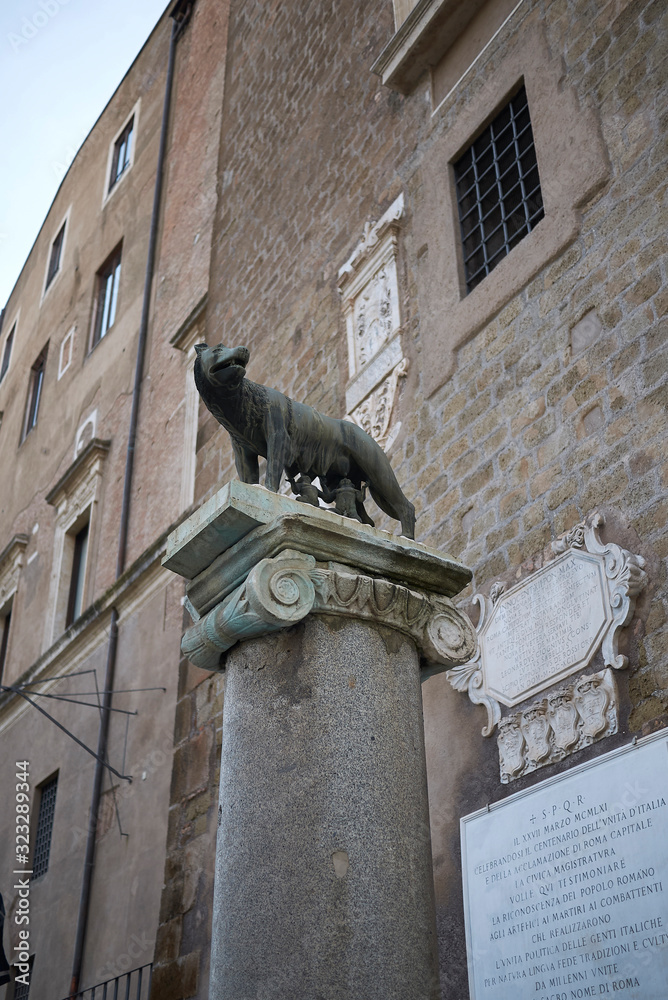 Rome, Italy - February 03, 2020 : View of the column with Capitoline wolf statue