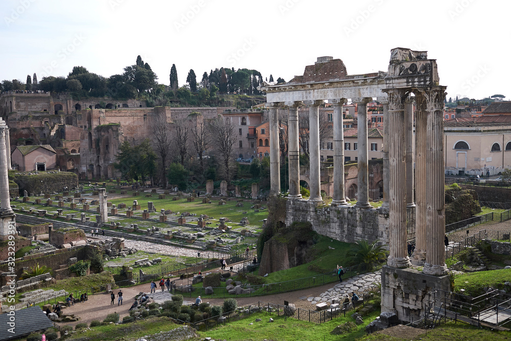 Rome, Italy - February 03, 2020 : View of the Roman Forum from Capitoline hill