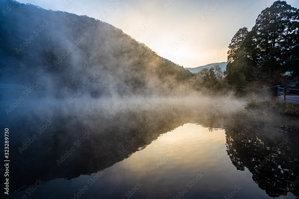 Fototapeta premium reflection in foggy water, kinrinko, oita, japan