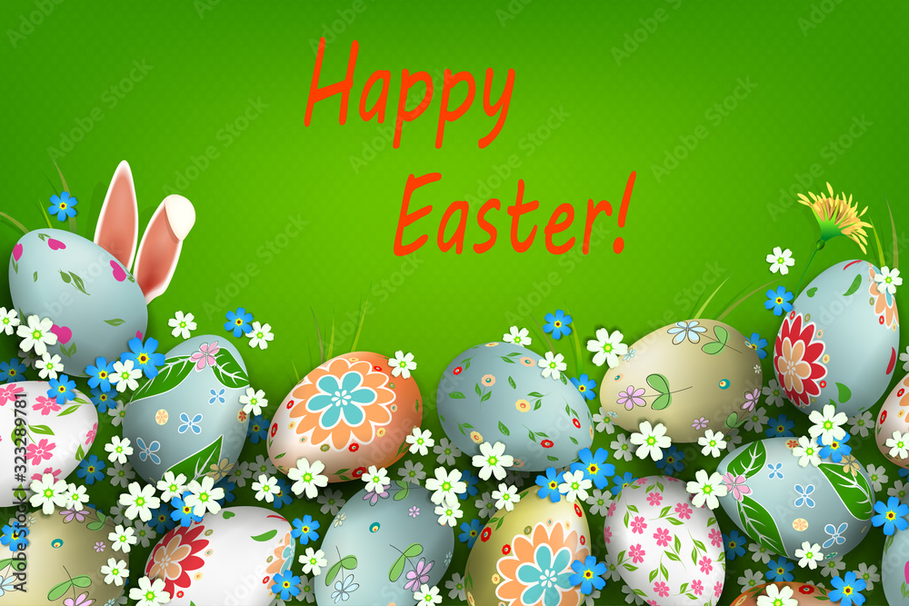 Easter green texture composition with eggs with a beautiful diverse pattern, flowers and rabbit ears