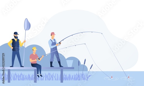 Group of fishermen or anglers fishing together off a jetty on a river with rods, reels and a net, colored vector illustration