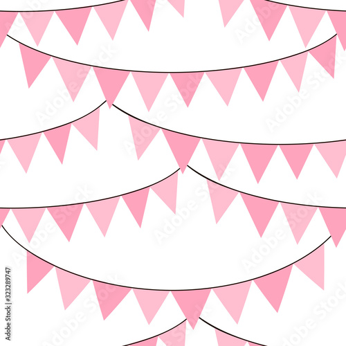 Seamless vector pattern with pink girlish bunting flags. Cute childish birthday ribbons background. Festal kid party backdrop.