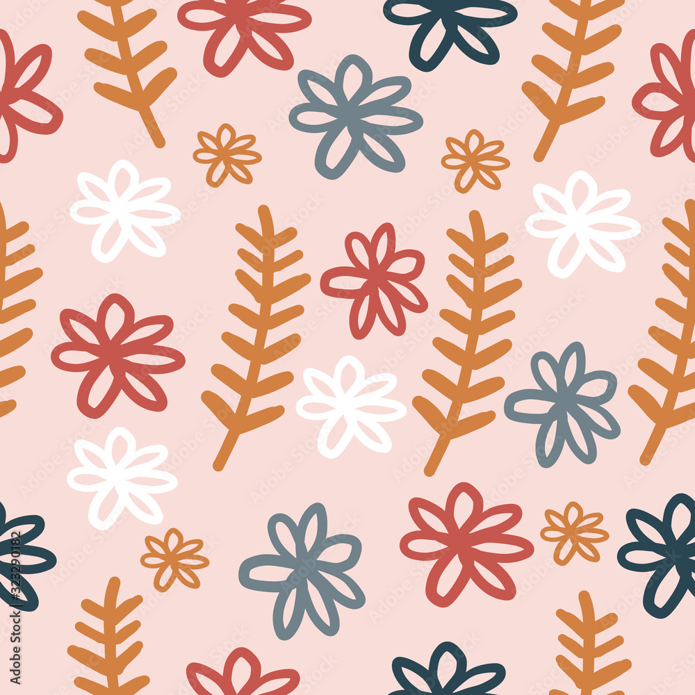 Hand-drawn Repeat Floral Flower Pattern with pink background. wildflowers and leaves. Retro. Seamless floral pattern. Stylish repeating texture. Repeating texture. Hand-drawn Repeat Floral Flower Pattern with pink background. wildflowers and leaves. Retro. Seamless floral pattern. Stylish repeating texture. Repeating texture.