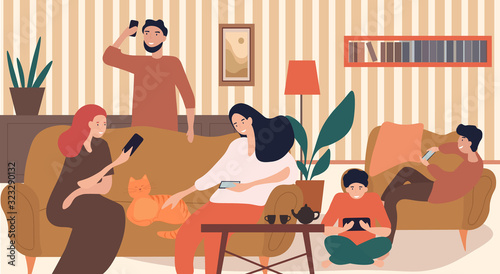 Family with technology addiction relaxing together in a living room using tables and mobile phones, cartoon vector illustration in banner format