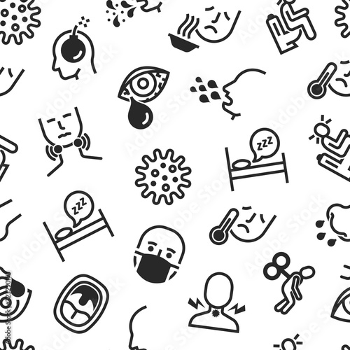 Adenovirus infection seamless pattern with thin line icons. Airborne disease, lymph nodes, fever, headache, runny nose, surgical mask, sore throat. Vector illustration of coronavirus symptoms