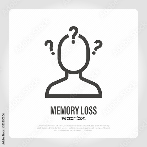 Alzheimer's disease: human with question marks. Memory loss. Dementia thin line icon. Healthcare and medical vector illustration.