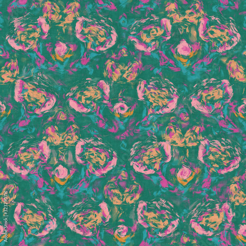 Distressed glitch abstract floral artistic texture background. Melting irregular imperfect glowing flower seamless pattern. Funky colorful distorted all over print. Wonky trendy modern fashion swatch.