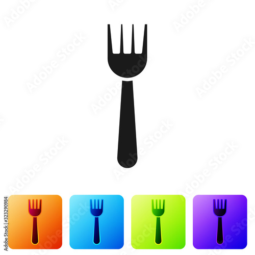 Black Disposable plastic fork icon isolated on white background. Set icons in color square buttons. Vector Illustration