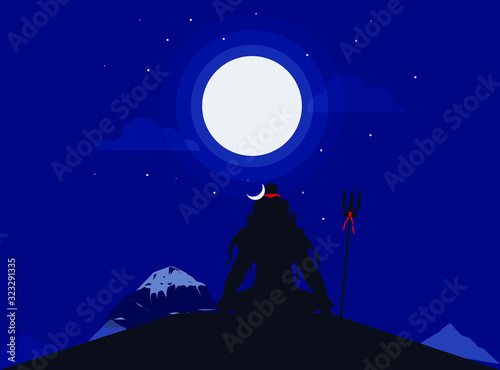 Lord Shiva chanting on mountain flat art vector illustration