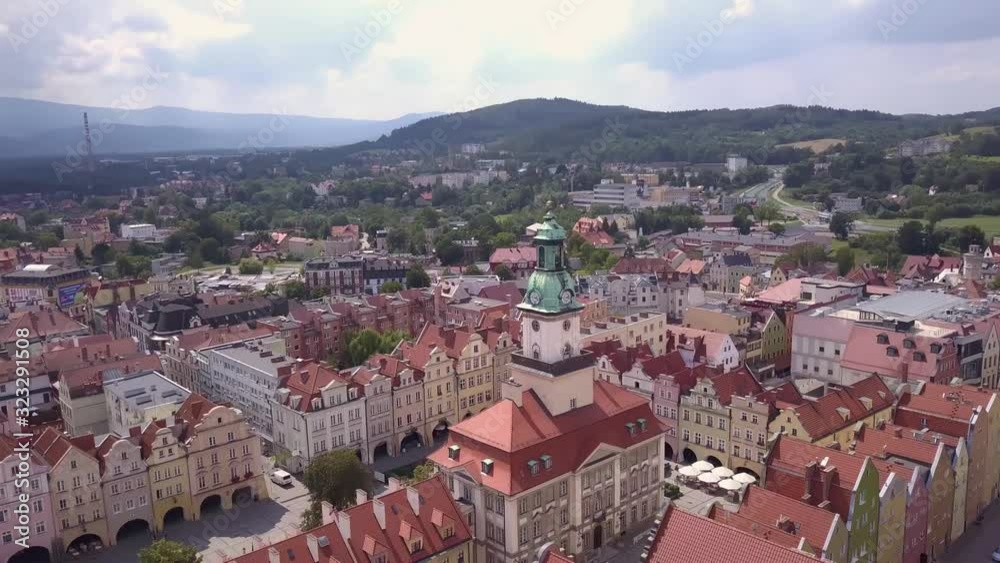 Jelenia Gora, Poland, city in the mountains Between Karkonosze and Jizera Mountains. Aerial shot. Jelenia Gora, Poland, city in the mountains Between Karkonosze and Jizera Mountains. Aerial shot.