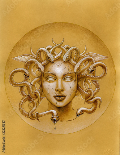 Medusa Gorgon. Watercolor illustration on vintage paper. photo