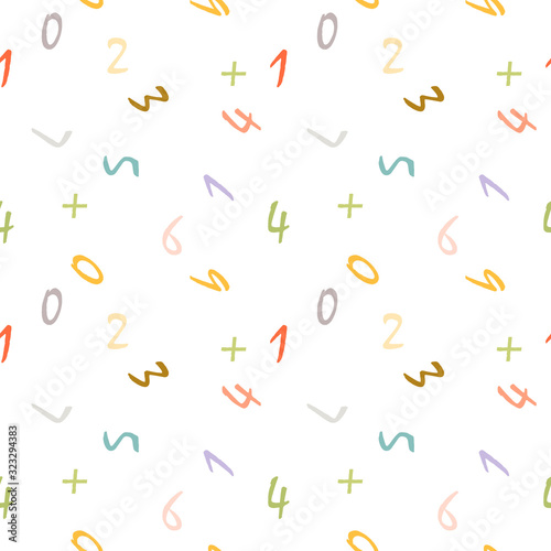 Mathematics background - different numbers in random pattern. Colorful school pattern for children. Multicolor math background for kids. Seamless abstract vector pattern