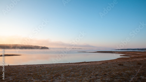 morning mist at the reservoir Montargil Ponte de Sor Alentejo Portugal