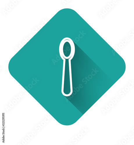 White line Disposable plastic spoon icon isolated with long shadow. Green square button. Vector Illustration