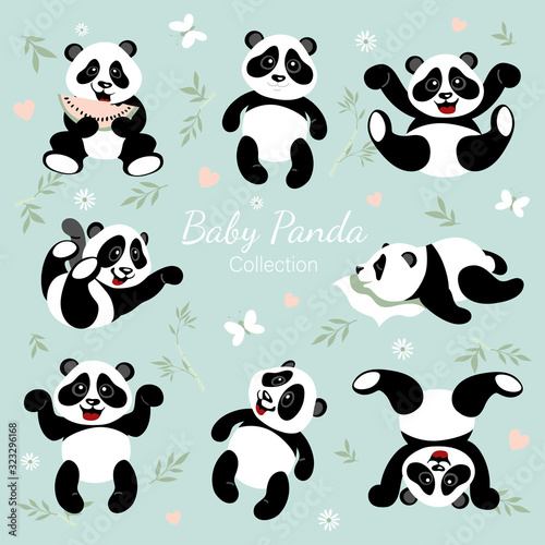 Baby panda collection. Little pandas have fun. The illustrations are decorated with bamboo, flowers, hearts, butterflies.