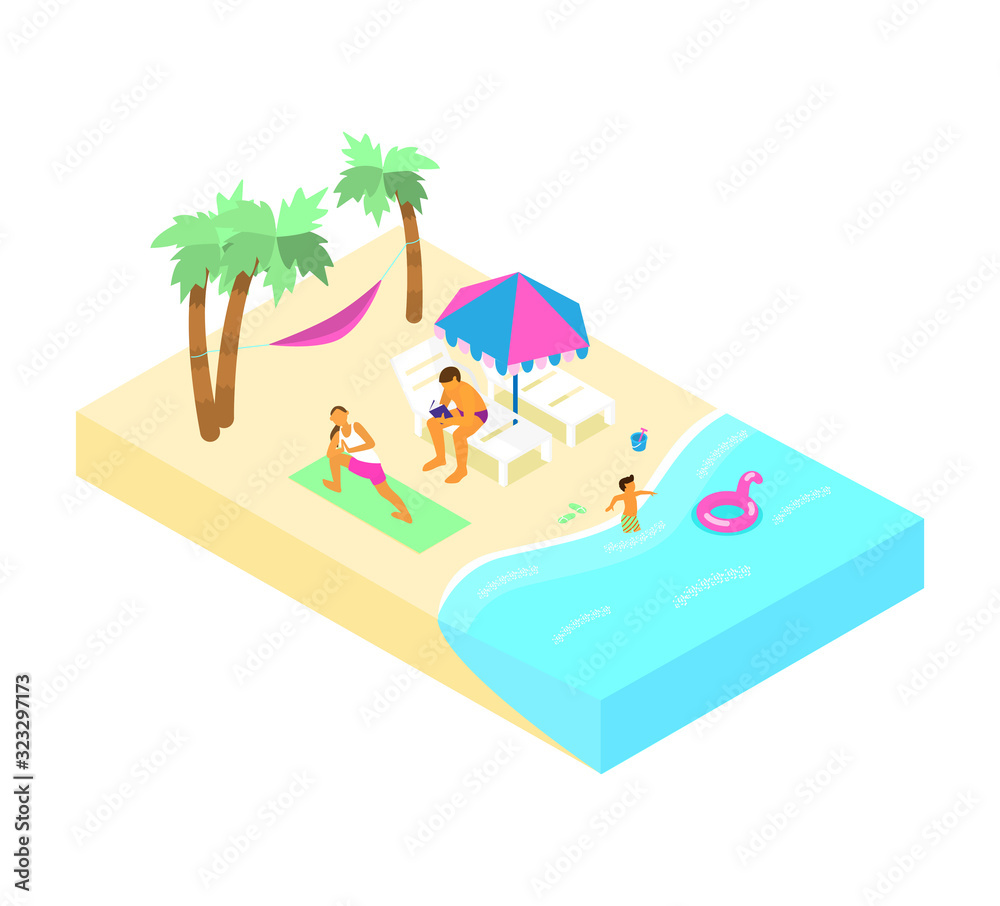 Isometric beach scene with family resting on the coast. Woman doing yoga, man reading in sunbed, child playing in water. Family summer vacation.