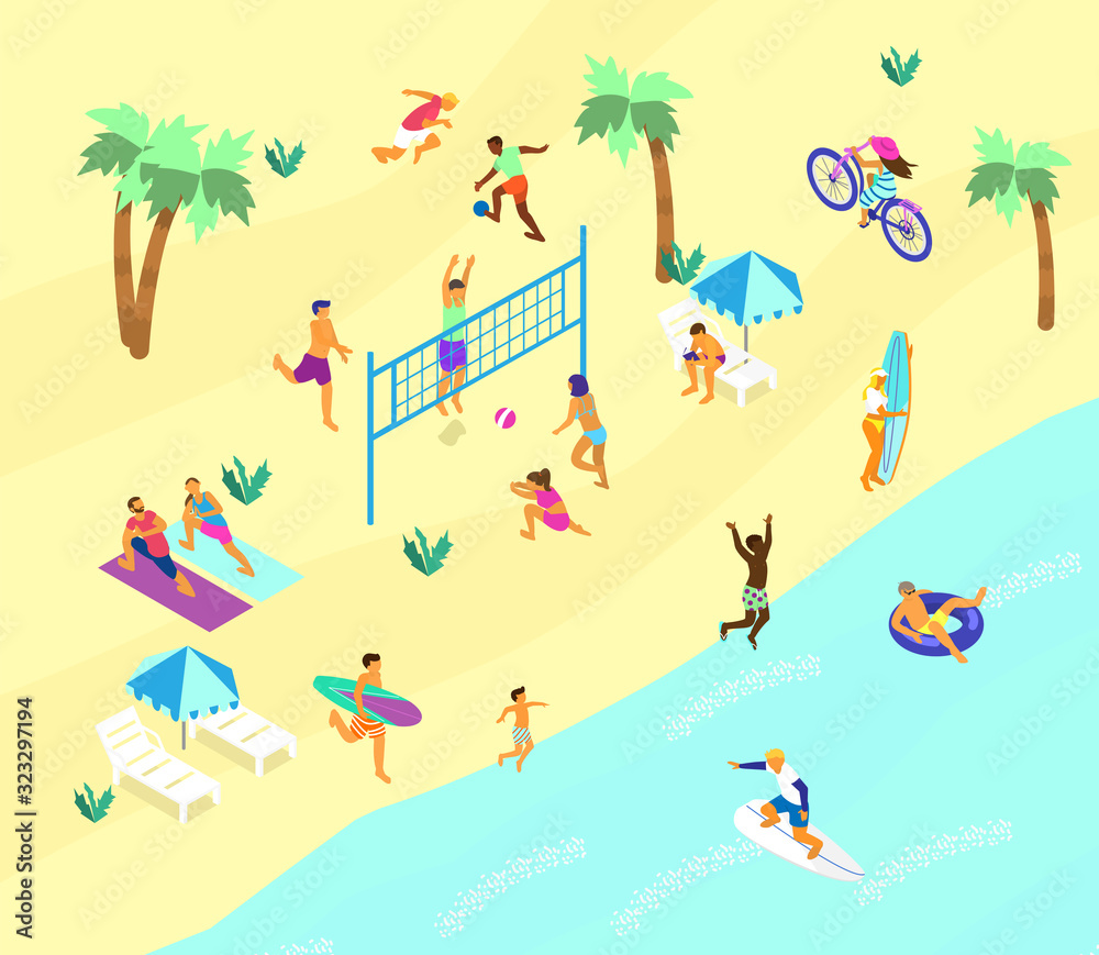 Isometric beach scene with lots of different people doing summer sports and relaxing. Summer outdoors activities. Beach volley, soccer, surfing, yoga on the beach, bike ride.