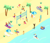 Isometric beach scene with lots of different people doing summer sports and relaxing. Summer outdoors activities. Beach volley, soccer, surfing, yoga on the beach, bike ride.