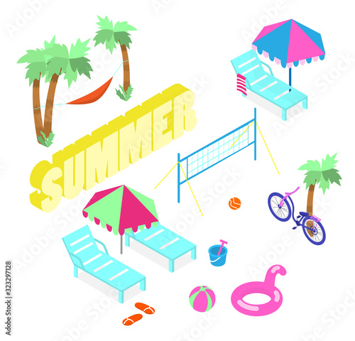 Beach scene isometric vector set. Palms with hammock, summer lettering, beach volley court, sunbeds with umbrellas, bike, swimming ring, bucket, ball.