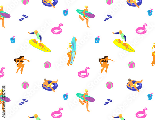 Vector seamless pattern with tiny isometric people doing summer sports. Summer activities . Surfing, swimming.