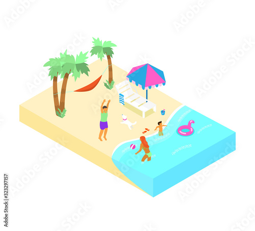 Isometric beach scene with family resting on the coast. Couple playing beach volley, child playing in the water. Family summer vacation.