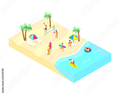 Isometric beach scene with different people doing summer sports and relaxing. Playing racket ball, surfing, swimming in rubber ring, reading in the sunbed.