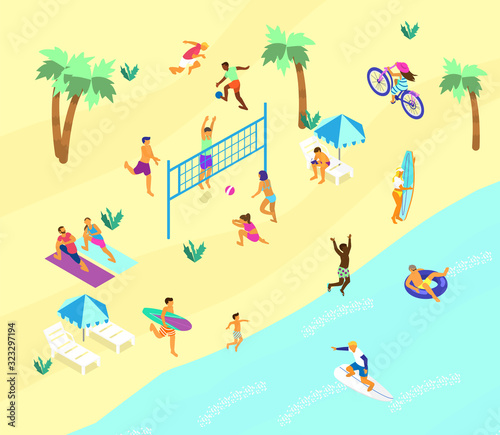 Isometric beach scene with lots of different people doing summer sports and relaxing. Summer outdoors activities. Beach volley, soccer, surfing, yoga on the beach, bike ride.