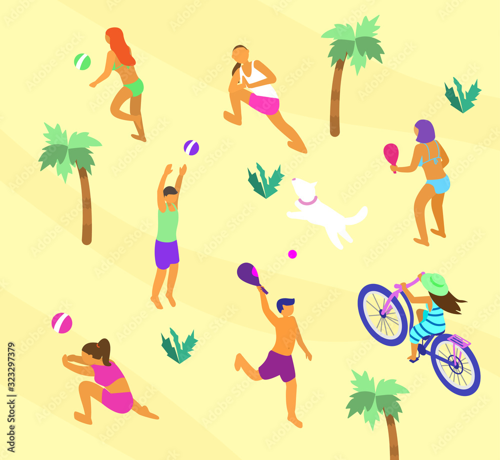 Isometric beach scene with lots of different people doing summer sports. Summer outdoors activities. Beach volley, yoga on the beach, rocket ball, bike ride. Vector illustration Isometric beach scene with lots of different people doing summer sports. Summer outdoors activities. Beach volley, yoga on the beach, rocket ball, bike ride. Vector illustration
