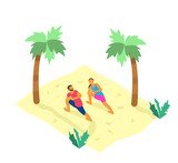 Isometric illustration of tiny couple doing yoga on the beach with palms and plants. Healthy lifestyle. Summer activities.