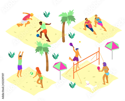 Vector set of isometric beach scenes with different people doing summer sports. Summer outdoors activities. Beach volley, soccer, racket ball, yoga on the beach.