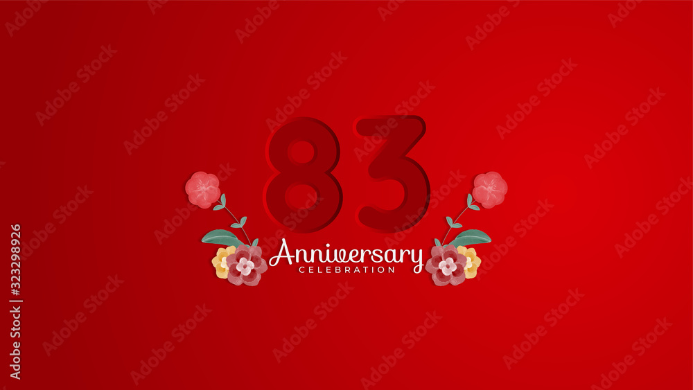 83rd Anniversary celebration. Emboss number with Gradient red background and flowers decoration. Modern elegant simple background design vector EPS 10. Can be used for company or wedding. 83rd Anniversary celebration. Emboss number with Gradient red background and flowers decoration. Modern elegant simple background design vector EPS 10. Can be used for company or wedding.