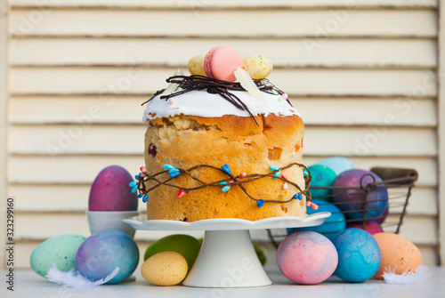 Easter traditional cake - pasca, on white cake stand photo