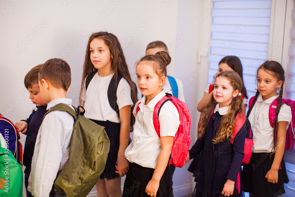 School children in uniform with backpacks going to class School children in uniform with backpacks going to class
