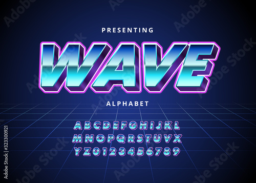 Retro Futuristic 80s font style. Vector alphabet with chrome effect template for game title, poster headline, old style photo