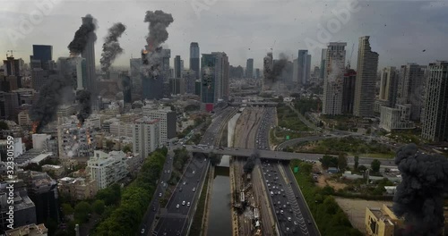 City Under attack Destroyed in war aerial view Illustration Video Compositing simulates Real drone footage with visual effects elements, of Israel Tel aviv  city under attack with smoke and Destroyed  photo