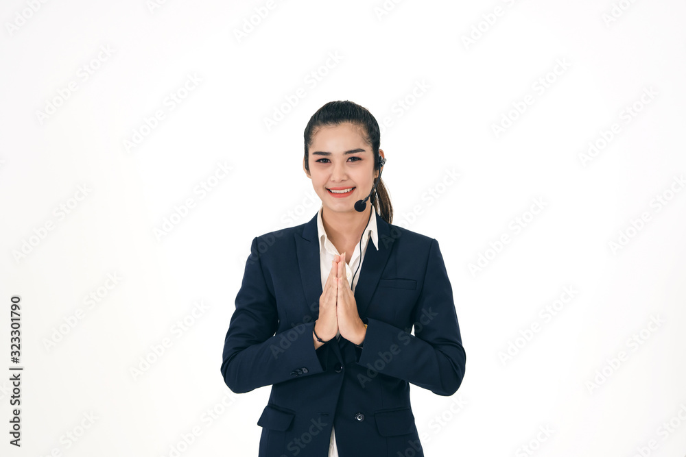 Greeting of woman customer call center service. Greeting of woman customer call center service.