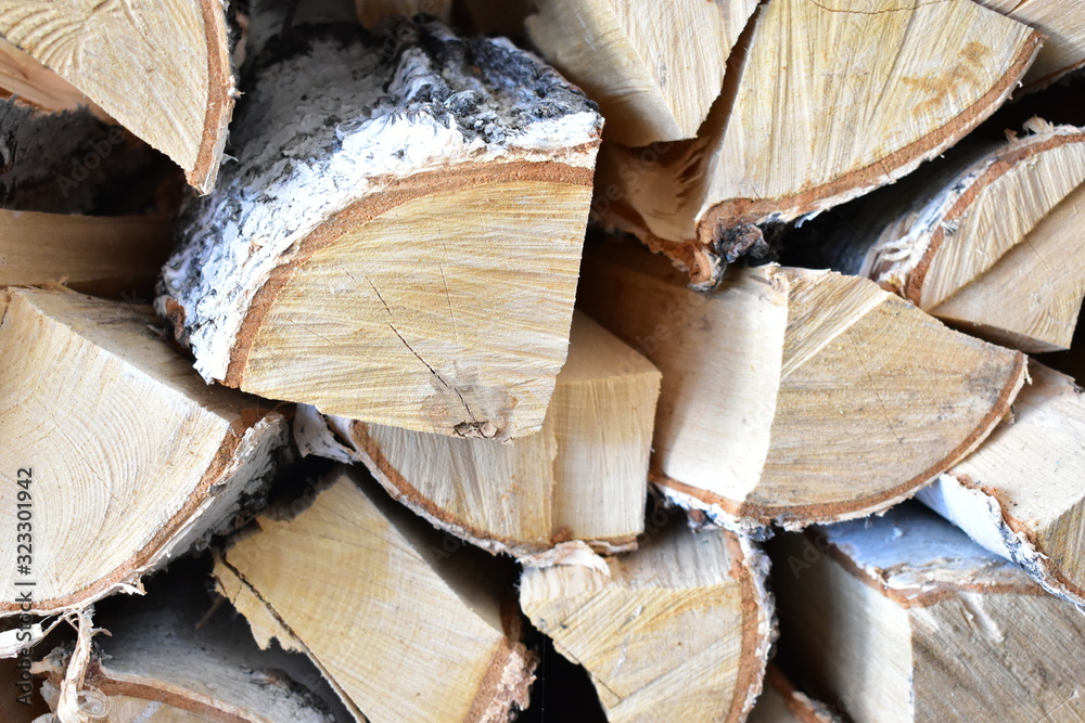 Warehouse of birch wood split into small pieces Warehouse of birch wood split into small pieces
