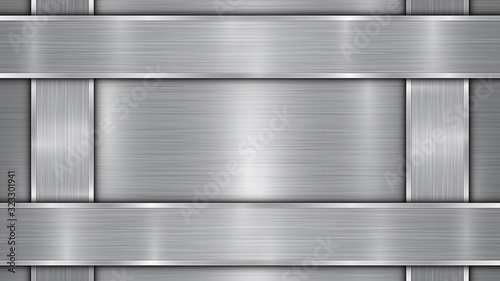 Background in silver and gray colors, consisting of a shiny metallic surface and vertical and horizontal polished plates located on four sides, with a metal texture, glares and burnished edges