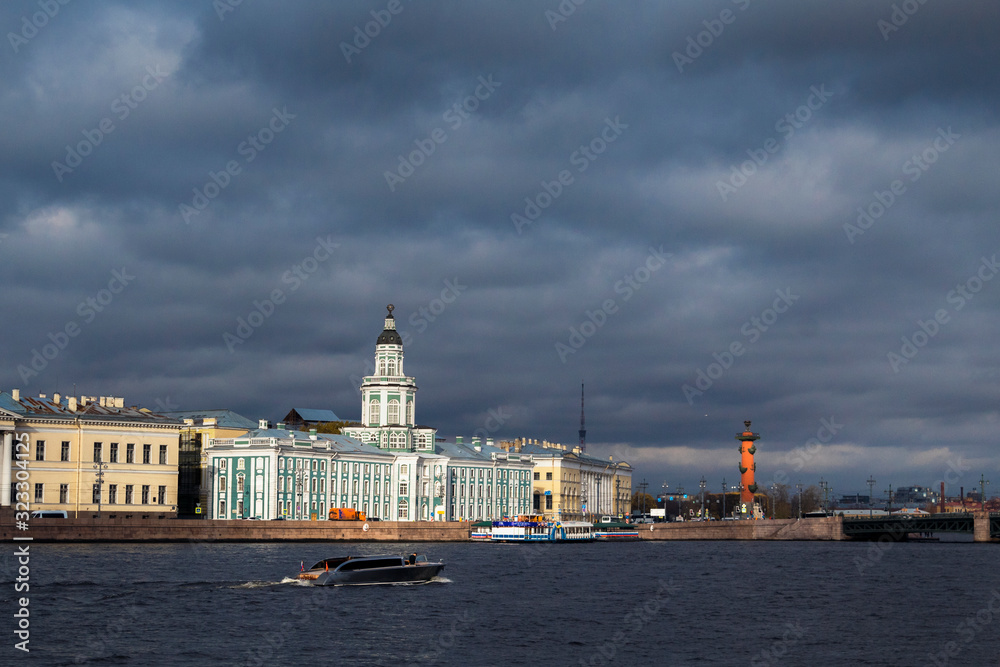 Russia, Saint Petersburg - October 20, 2019: view of the Kunts camera and arrow of Vasilievsky island