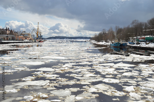 View of the Vyborg river port in spring