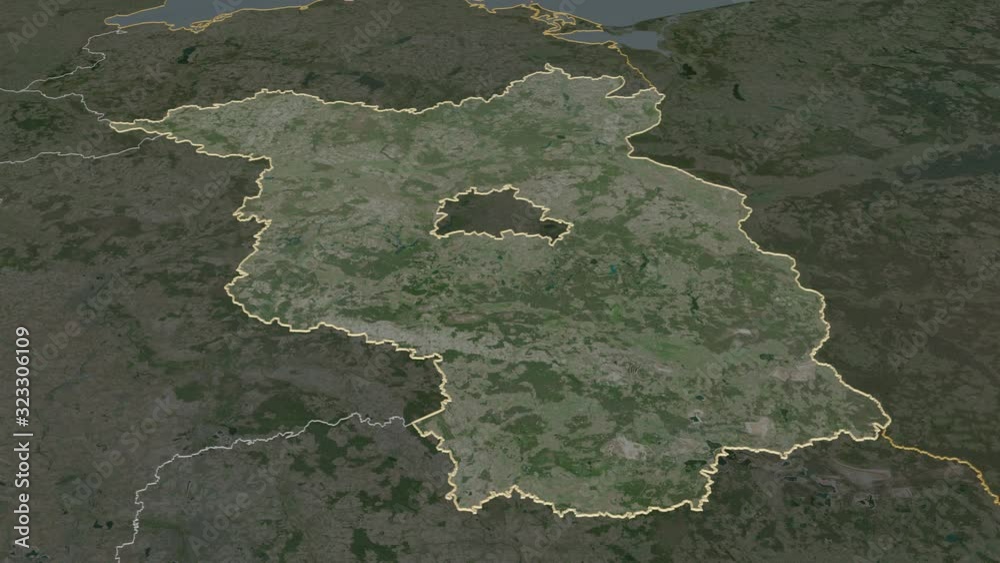 Brandenburg, state with its capital, zoomed and extruded on the satellite map of Germany in the conformal Stereographic projection. Animation 3D Brandenburg, state with its capital, zoomed and extruded on the satellite map of Germany in the conformal Stereographic projection. Animation 3D