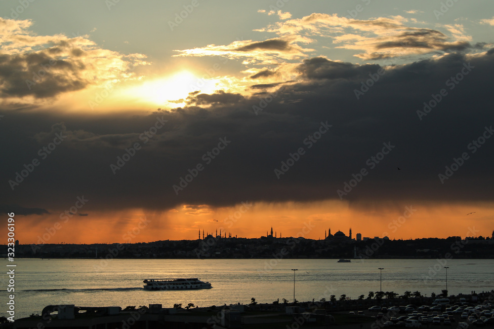 Cloudy weather in Istanbul, domestic sky, Istanbul silhouette.