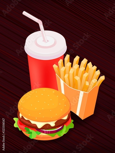 Vector illustration of isometric food - burger, French fries and cola. Fast food concept. Tasty snack.