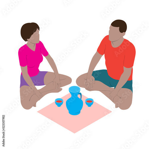 Girl and guy are sitting orientally legs crossed with jug and drinks in cups. Scene of people in isometric view. Isolated vector objects.