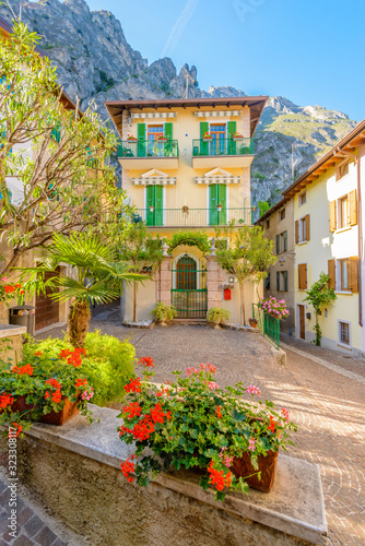 Picturesque small town street view in Limone  Lake Garda Italy.