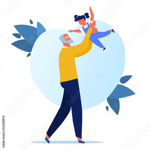 Grandfather Playing with Child Vector Illustration. Old Man, Babysitter and Little Girl Cartoon Characters. Happy Granddad in Glasses Holding Joyful Granddaughter. Babysitting, Family Relationship