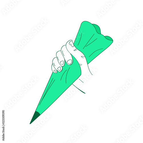 Hand holding bag of frosting sugar for decorating cake, vector illustration