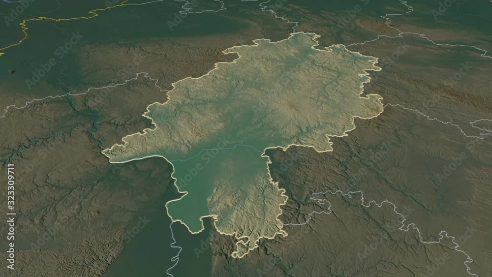 Hessen, state with its capital, zoomed and extruded on the relief map of Germany in the conformal Stereographic projection. Animation 3D Hessen, state with its capital, zoomed and extruded on the relief map of Germany in the conformal Stereographic projection. Animation 3D