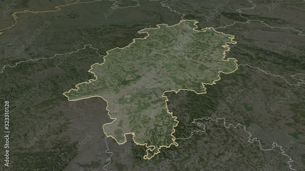 Hessen, state with its capital, zoomed and extruded on the satellite map of Germany in the conformal Stereographic projection. Animation 3D Hessen, state with its capital, zoomed and extruded on the satellite map of Germany in the conformal Stereographic projection. Animation 3D